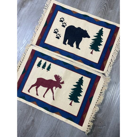 Vintage Rustic Lodge Grizzly Bear Moose Tapestry Placemats Set of 2 Cotton‎ - Picture 2 of 7